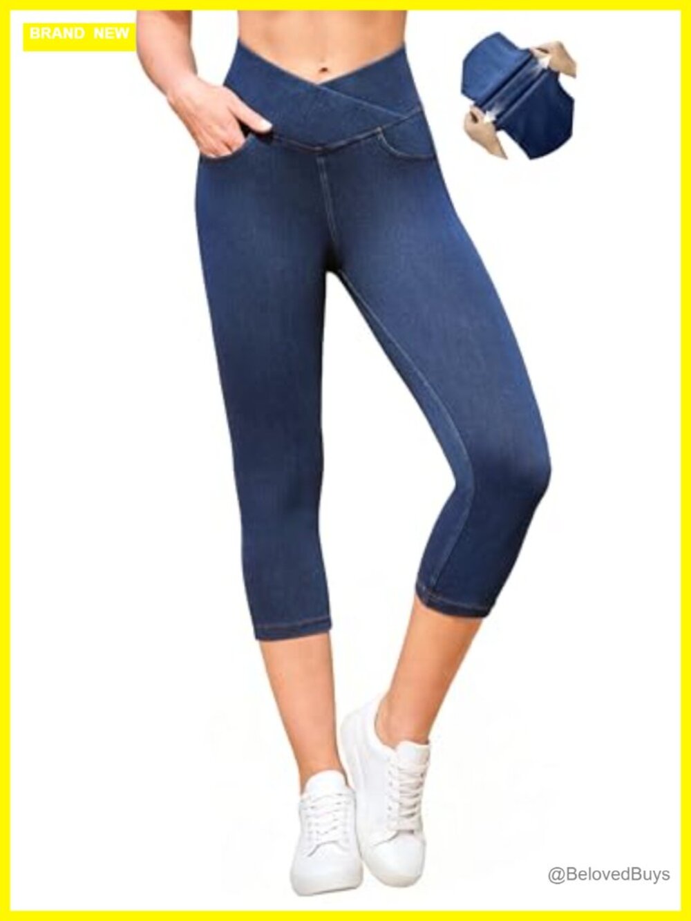 Stretchy Pull On Capri Jeans High Waisted Crossover Waist Tummy Control Pockets
